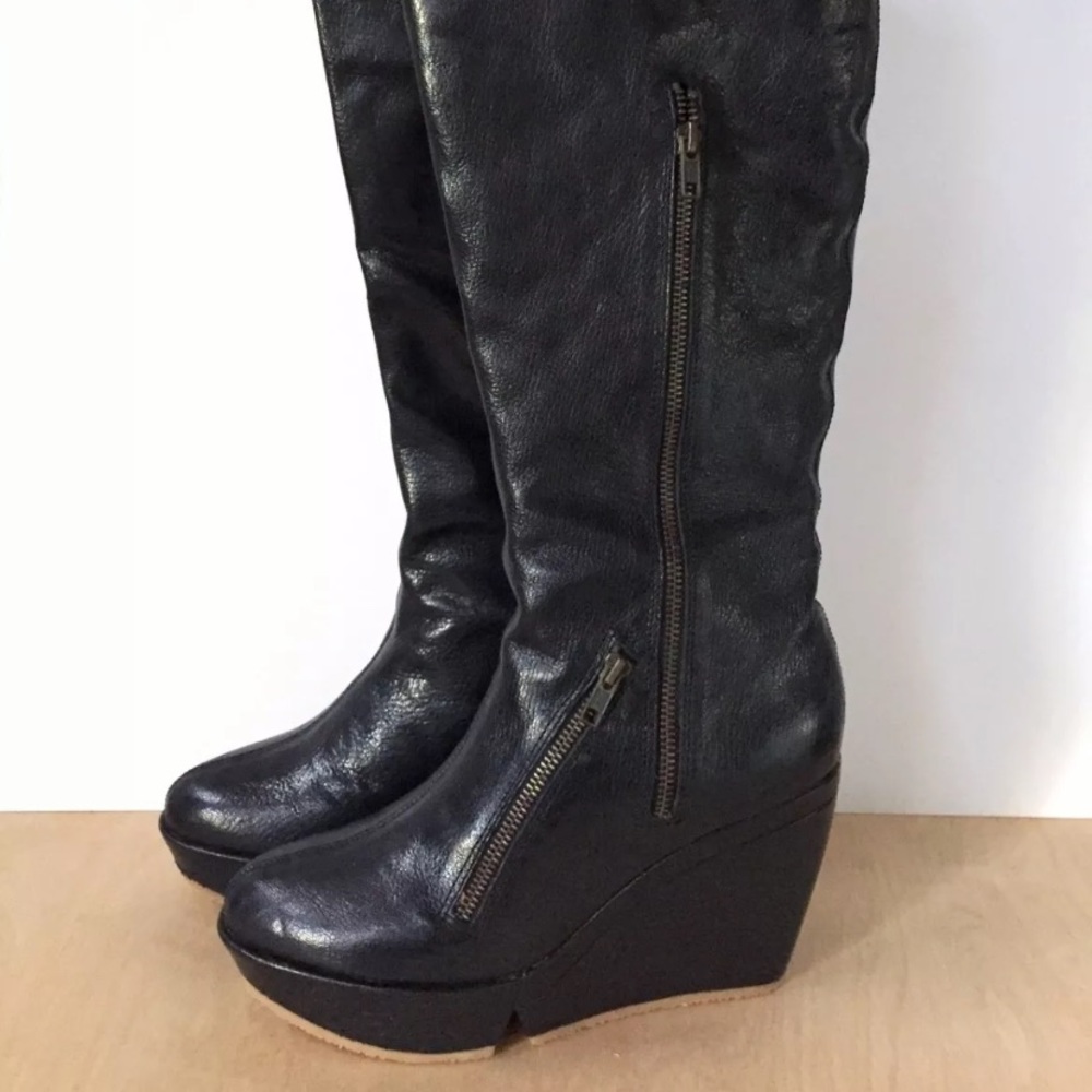 FarylRobin Black Leather Moto Wedge Knee Boots